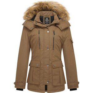 Women's Khaki Winter Coat Warm Puffer Jacket With Removable Hood